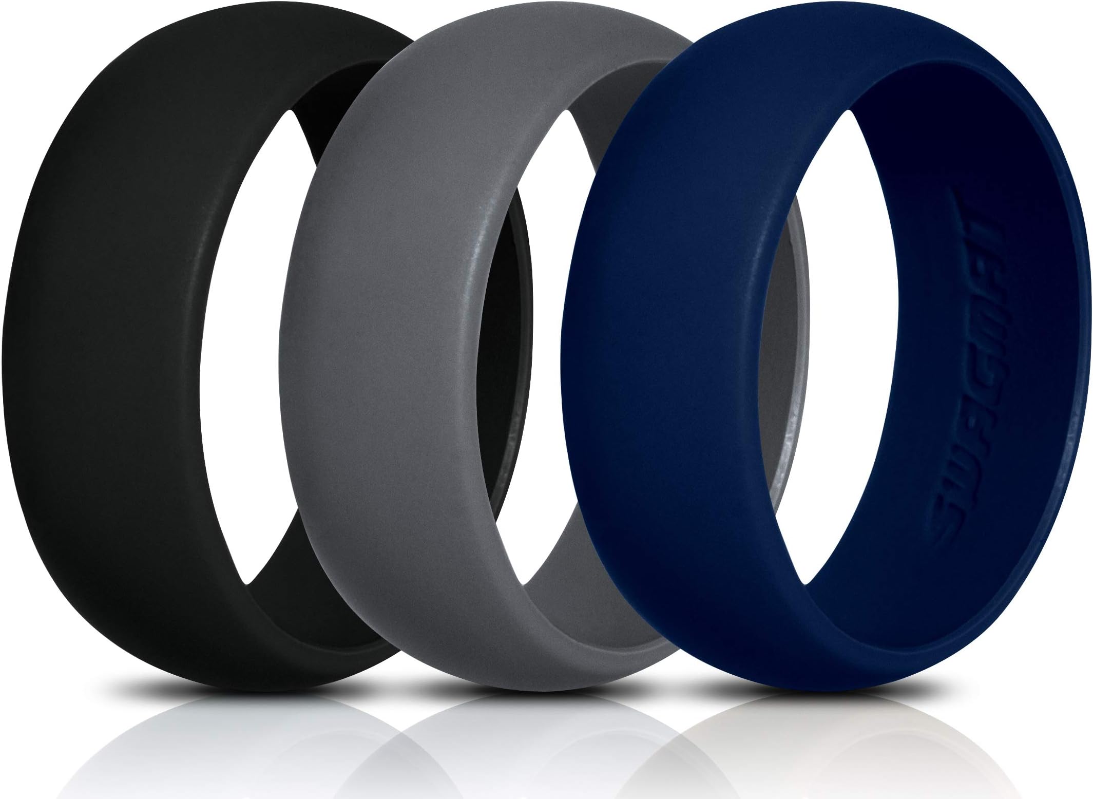 Swagmat Silicone Wedding Ring for Men and Women - 7 Packs 3 Packs and Singles - Black, Grays and Blue Rubber Wedding Bands for Men - 8.7 millimeters Wide