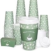 Whaline 100 Pack Disposable Coffee Cups with Lids and Sleeves 16oz Sage Green Thickened Leak-Proof Paper Cups To Go Coffee Cups for Hot Cold Drink Cafes Shops Cappuccino Chocolate Beverage Cocoa