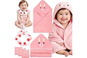 Sublaga 5 Pcs Baby Towels Set, 32x32 in Hooded Bath Towel, 3 Pcs Baby Washcloths and Muslin Baby Bibs for Newborns, Toddlers, and Kids, Baby Towels and Washcloths Set for Boys and Girls (Pink Rabbit)