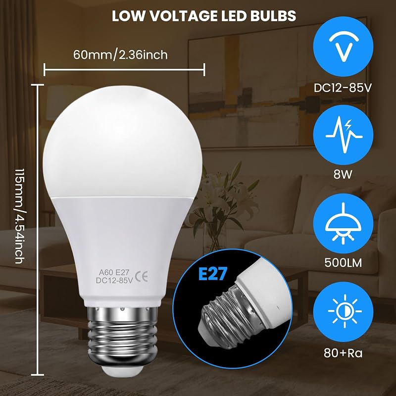 DC 12V Lampadina LED E27 con Telecomando 8W 500LM, 2-Pack — foto 6 di 6
