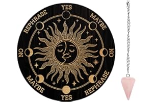 AHANDMAKER 7.8" Witch Pendulum Board, Wooden Dowsing Planchette with Rose Quartz Crystal Dowsing Pendulums Witchcraft Divination Tools for Spirit Altar Decoration - Sun Embraces Moon