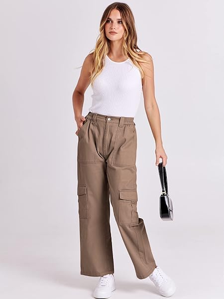 ANRABESS WOMEN’S CARGO PANTS HIGH WAISTED BAGGY MULTIPLE POCKETS CASUAL TRENDY FASHION RELAXED FIT Y2K TROUSERS BROWN SMALL