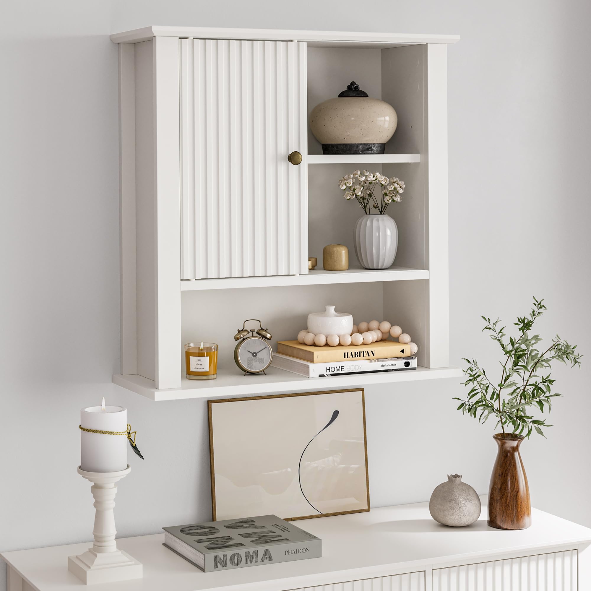 RoyalCraft Wall Bathroom Cabinet, Wall Mounted Medicine Cabinet with Fluted Sliding Door, Adjustable Shelves, Over Toilet Storage Cabinet for Laundry, WC, White