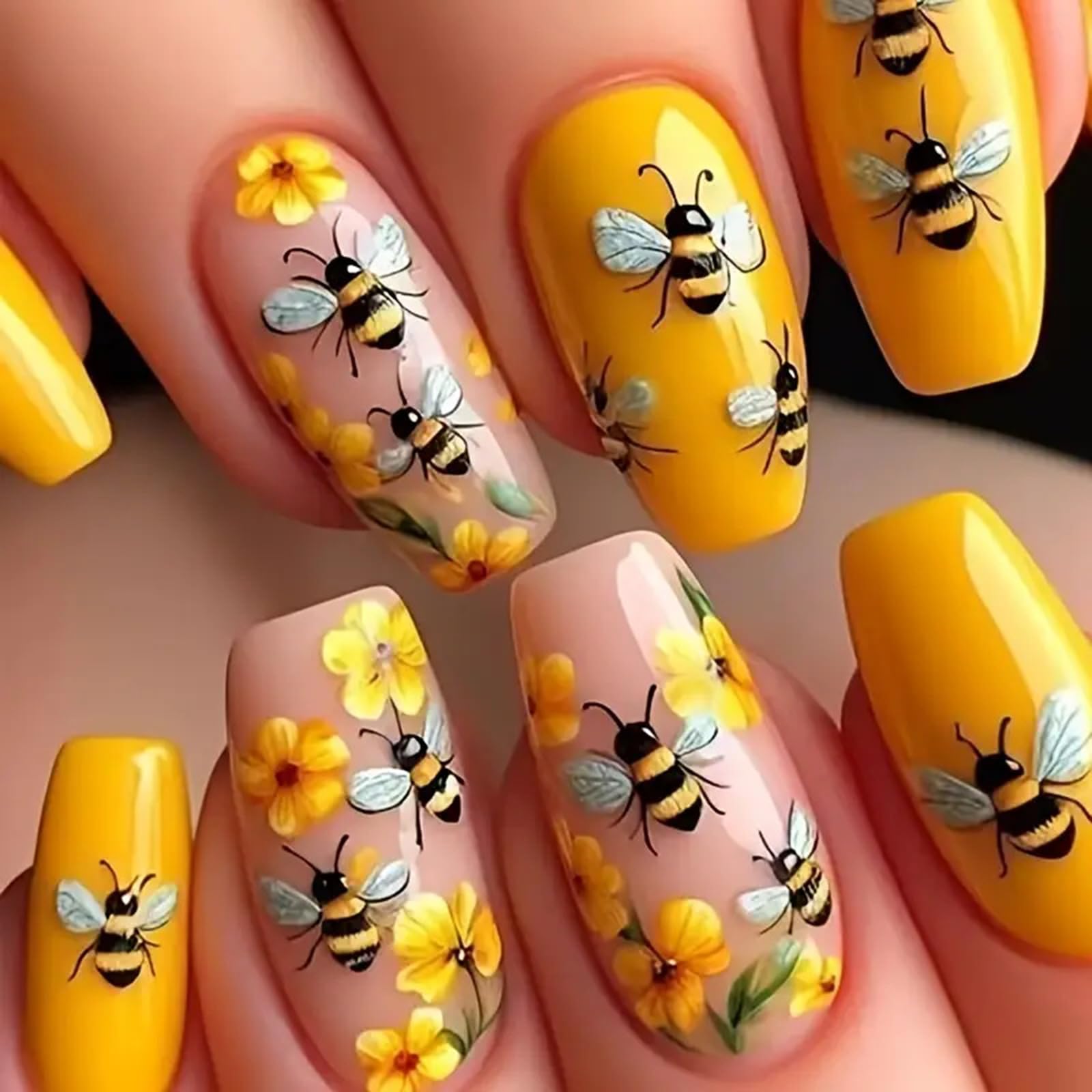 Coffin Press on Nails Yellow Fake Nails Spring Summer False Nails Medium Length Acrylic Nails Full Cover Stick on Nails with Bee Flower Design Cute Glossy Glue on Nails for Women Manicure Decoration