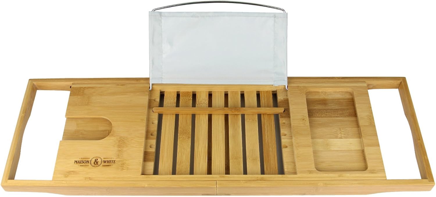 Extendable Bamboo Bath Caddy & Tray | Non-slip Feet | Adjustable Luxury Home Spa Wood Bath Caddy | Wine Glass, Tablet / Book, Smartphone Holder | M&W - Image 4