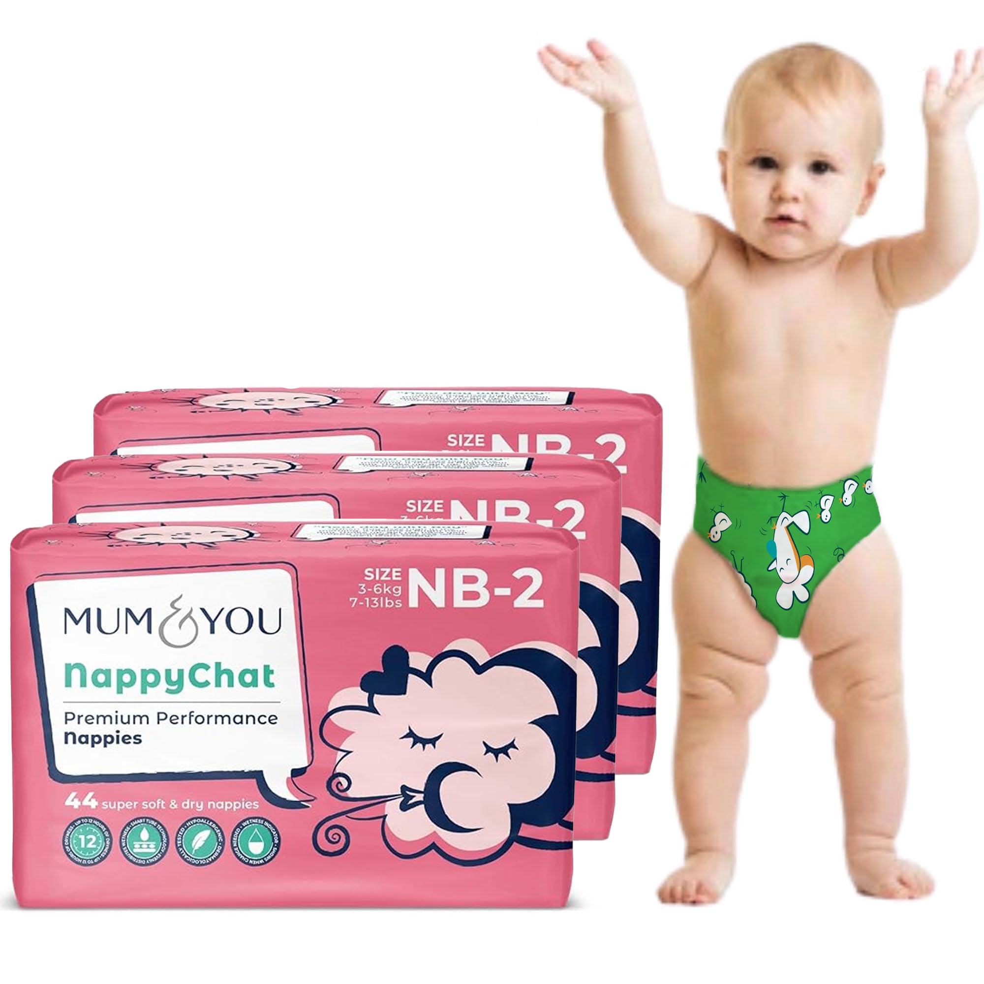 Mum & You Premium, Dry Baby Nappies for Newborn, 132 Count (3 Packs of 44), 3kg - 6kg | Dermatologically Tested with 12-Hr Leak Protection with Wetness Indicator | Rash Free | PEFC Certified