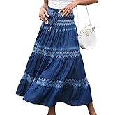 FSHUIDENIM Women's Denim Boho Maxi Skirts Elastic High Waist Ruffle Tied A Line Flowy Long Jeans Skirts