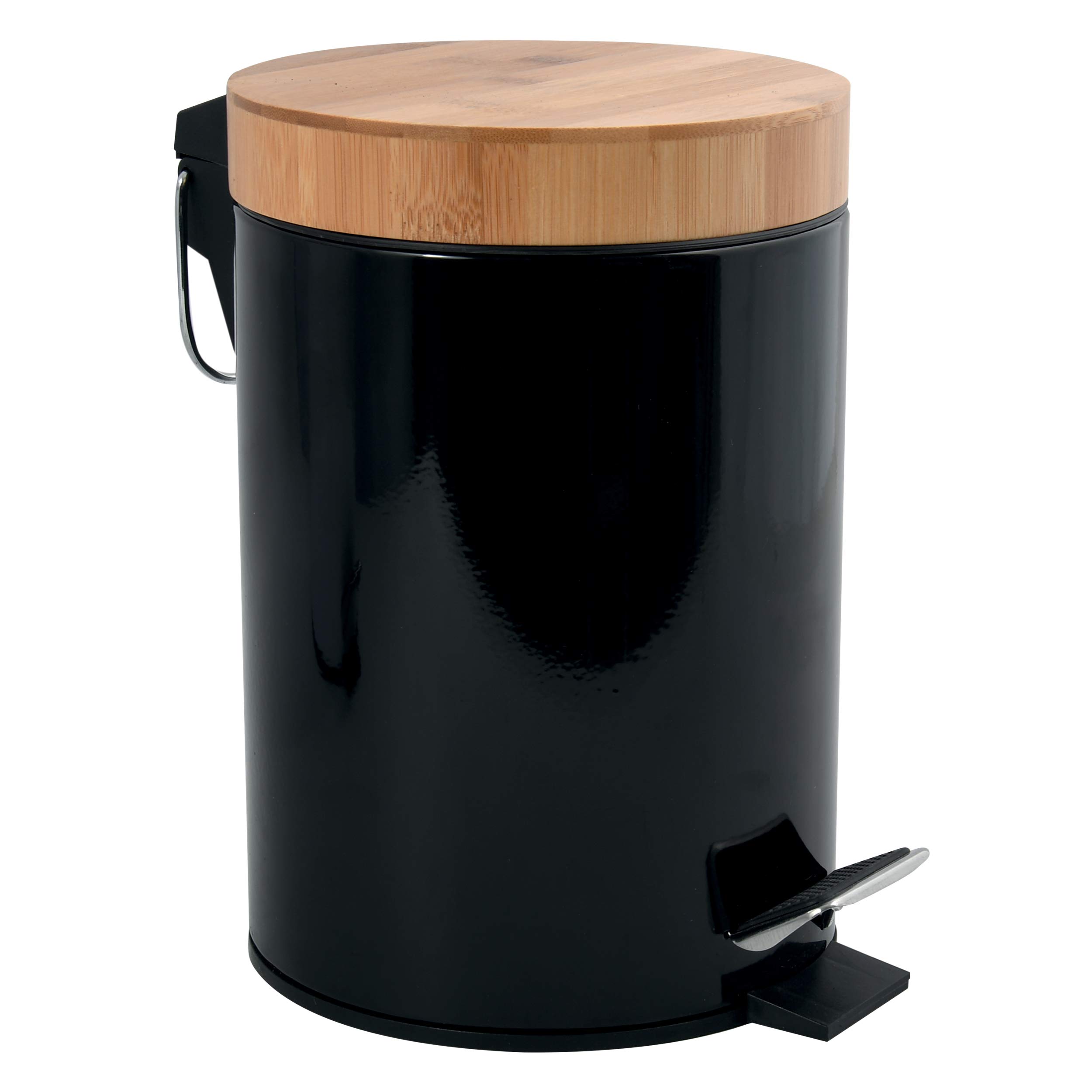 MSV Bathroom Bin 3 Litre Stainless Steel and Bamboo with Soft-Close Mechanism and Inner Bucket Aza Bathroom Bin, Black