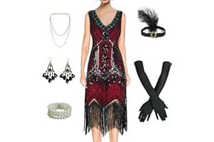BONGZUO Women's 1920s Flapper Dress Vintage Lace Fringed Gatsby Cocktail Dress with 20s Accessories Set
