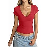 EasyGala Womens Deep V Neck Short Sleeve Shirts Sexy Slim Fit Crop Tops Basic Tees Going Out Summer Outfits
