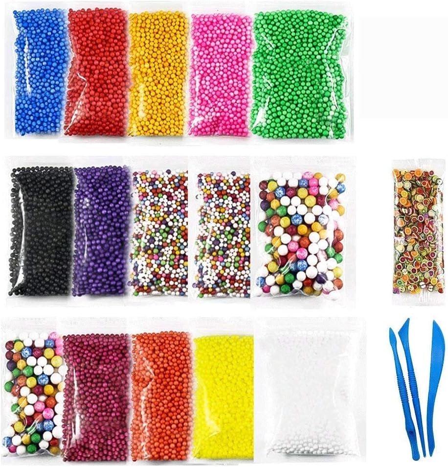 Wskderliner Polystyrene Styrofoam Balls Micro Coloured Slime Foam Beads Set for DIY Craft Slime Making und Packaging Kit(Diameter: small,2.5-3.5mm, big,7-9mm)15 Pack about 50000 Pcs with 3 Slime Tools and 1 Pack Fruit Shape Flake