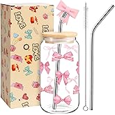 Pink Bow Glass Cup, Coquette Cute Girly Preppy Cups, Aesthetic Bow Iced Coffee Girly Mug, Teen Girl Gifts Trendy Stuff, Girlfriends Valentines Day Gift for Women, Bows Glass Cups with Lids and Straws