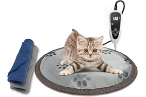 HYDGOOHO GOLOPET Cat Heating pad Round-D15inches pet Heating pads for cats Waterproof smart thermostat switch, adjustable heated cat bed Chew Resistant Steel Cord,Complimentary Blue + Gray Fabric Cover 1
