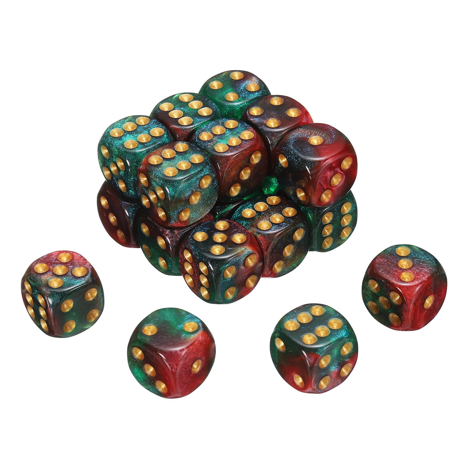 sourcing map 20Pcs 6 Sided Standard Dice, 2 Colors 16mm Acrylic D6 Mini Polyhedral Pearl Pattern Game Dice Set for Table Games, Green and Red/Gold Point