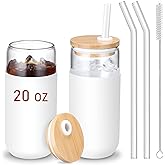 20 OZ Glass Cups with Bamboo Lids and Straws - Drinking Glasses with Silicone Protective Sleeve Set, Iced Coffee Glasses, Cut