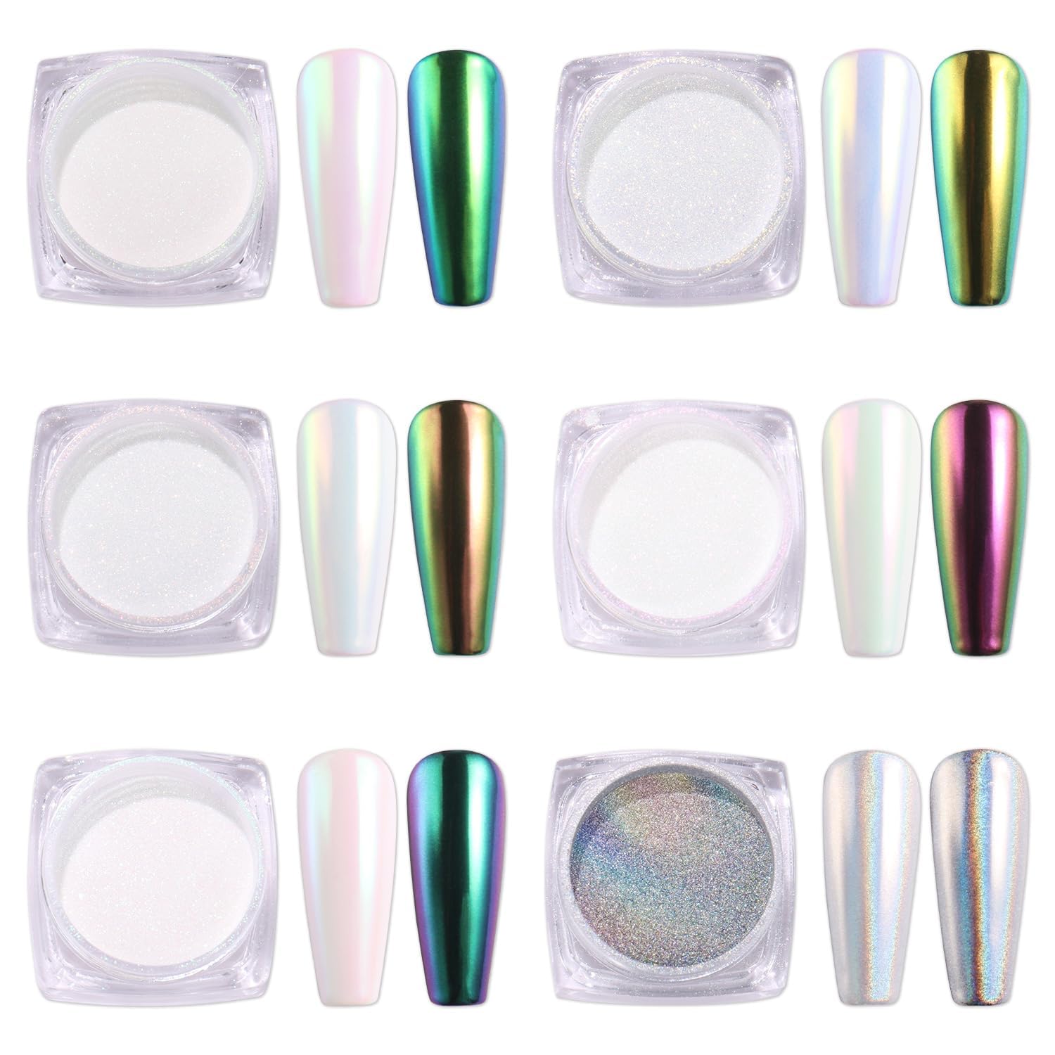 AIMEILI Upgrade Chrome Nail Powder - 6 Jar Art Chameleon Mirror Set, Pearl Shell Glitter Changing Ombre Holographic Laser Gel Metallic Manicure Pigment