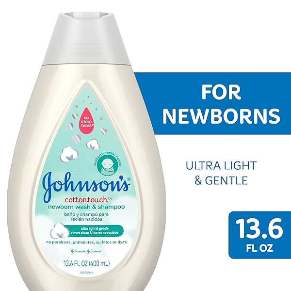 JOHNSON’S COTTONTOUCH NEWBORN BABY BODY WASH & SHAMPOO, GENTLE & TEAR-FREE, MADE WITH REAL COTTON, GENTLY WASHES AWAY DIRT & GERMS, SULFATE- & PARABEN-FREE FOR SENSITIVE SKIN, 13.6 FL. OZ