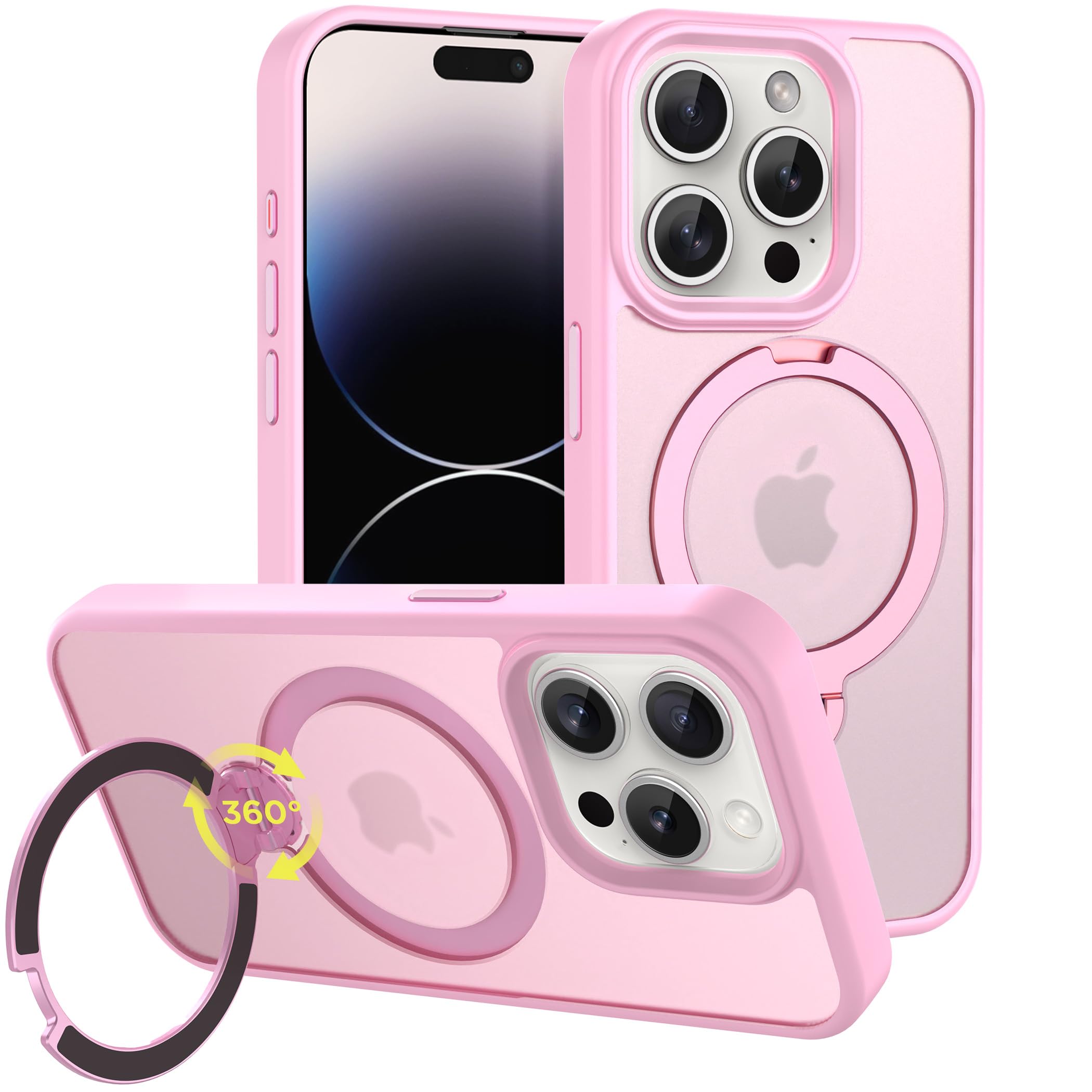 CACOE Magnetic Case for iPhone 14 Pro Max 6.7 inch with 360 Rotatable Ring Stand, Compatible with MagSafe Car Phone Mount, Cases Cover Phone Holder for Desk Meeting/Videos（Pink）