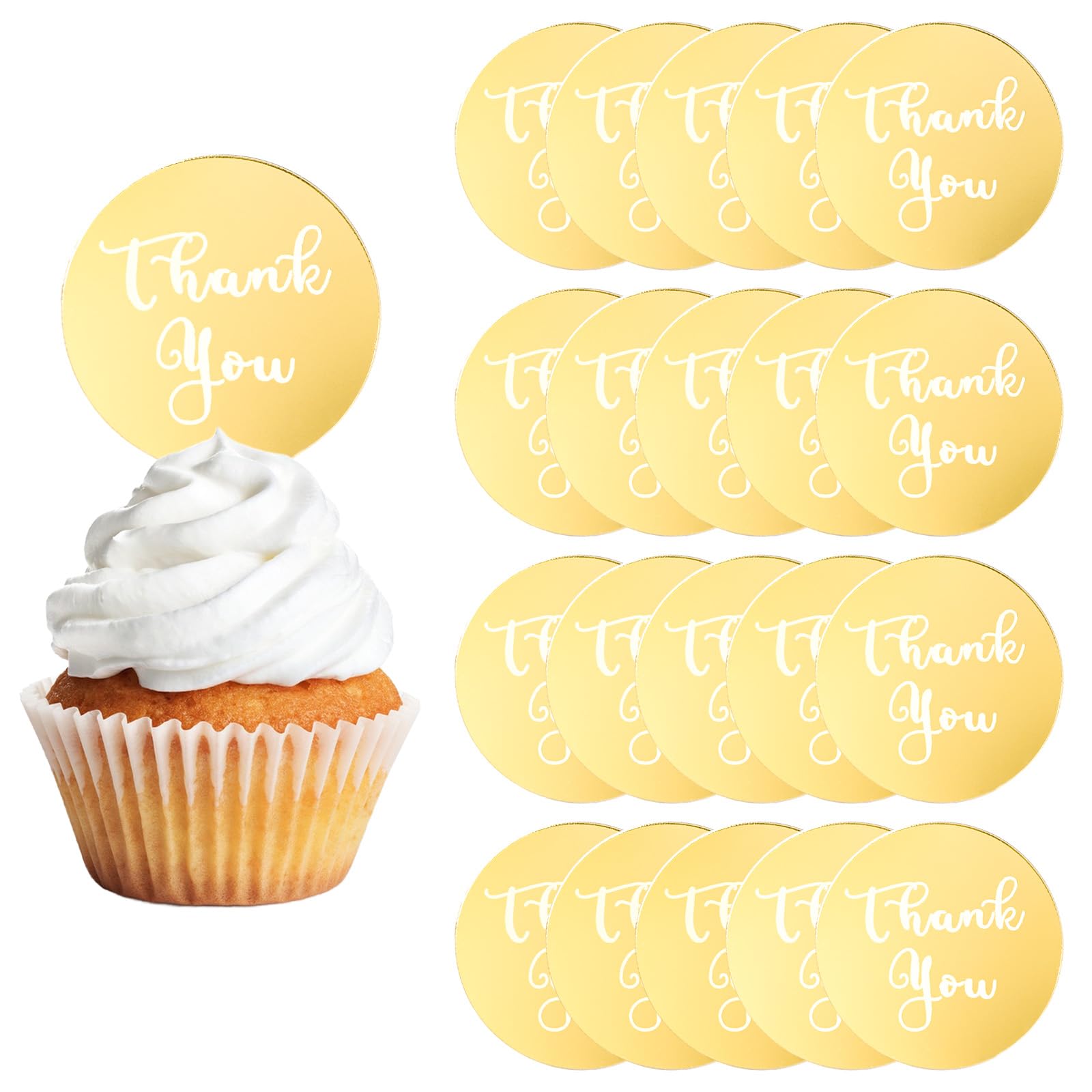 URROMA 20-Pcs Acrylic Cupcake Toppers & Cake Discs - Personalized Engraved Cake Toppers & Charm - Thank You Occasion