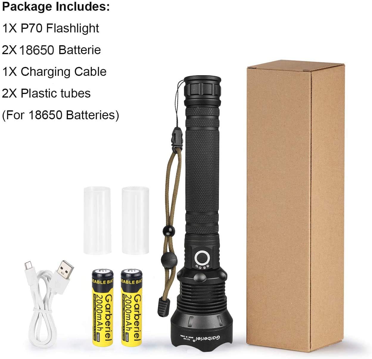 5000 High Lumens Flashlights Super Bright XHP70 LED Flashlight 3 Modes Rechargeable Torch Light with 18650 Battery and USB Cable - - 