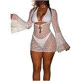 SHENHE Women's Crochet Swimsuit Cover Up Dress Bell Sleeve Hollow Out Sheer Beach Coverup