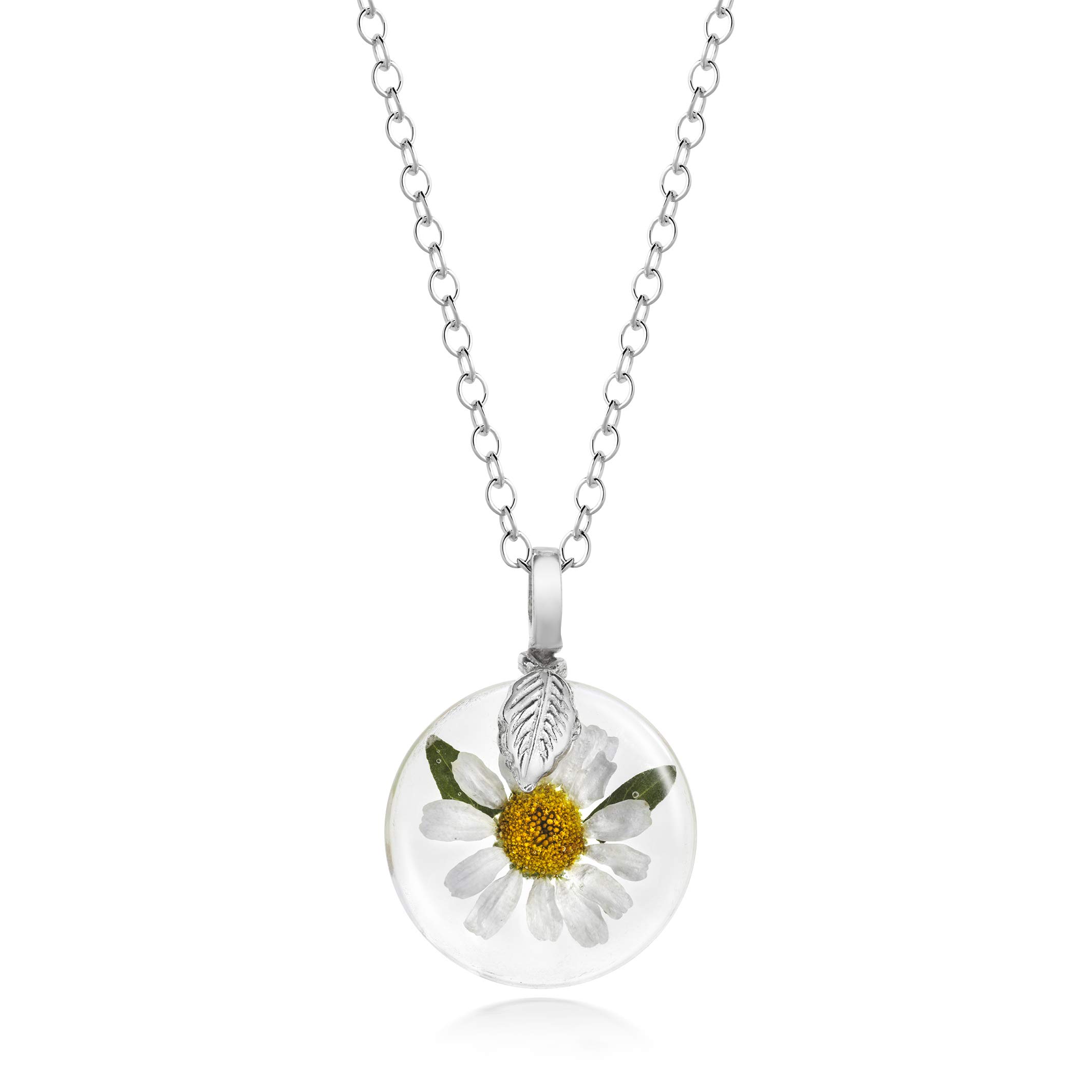 Natural Flower Jewellery Round/Flat Pendant Made With A Real Single Tiny Daisy set in resin, with sterling silver fittings and chain.