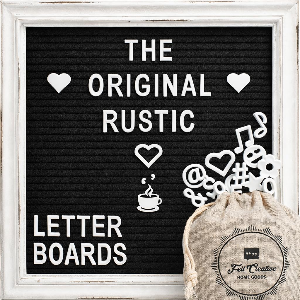 Felt Creative Home Goods Felt Letter Board with Rustic White Wood Farmhouse Vintage Frame and Stand Wooden Pegboard Changeable Message Board Includes 350 White Alphabet Letters (Black, 10x10 Inches)