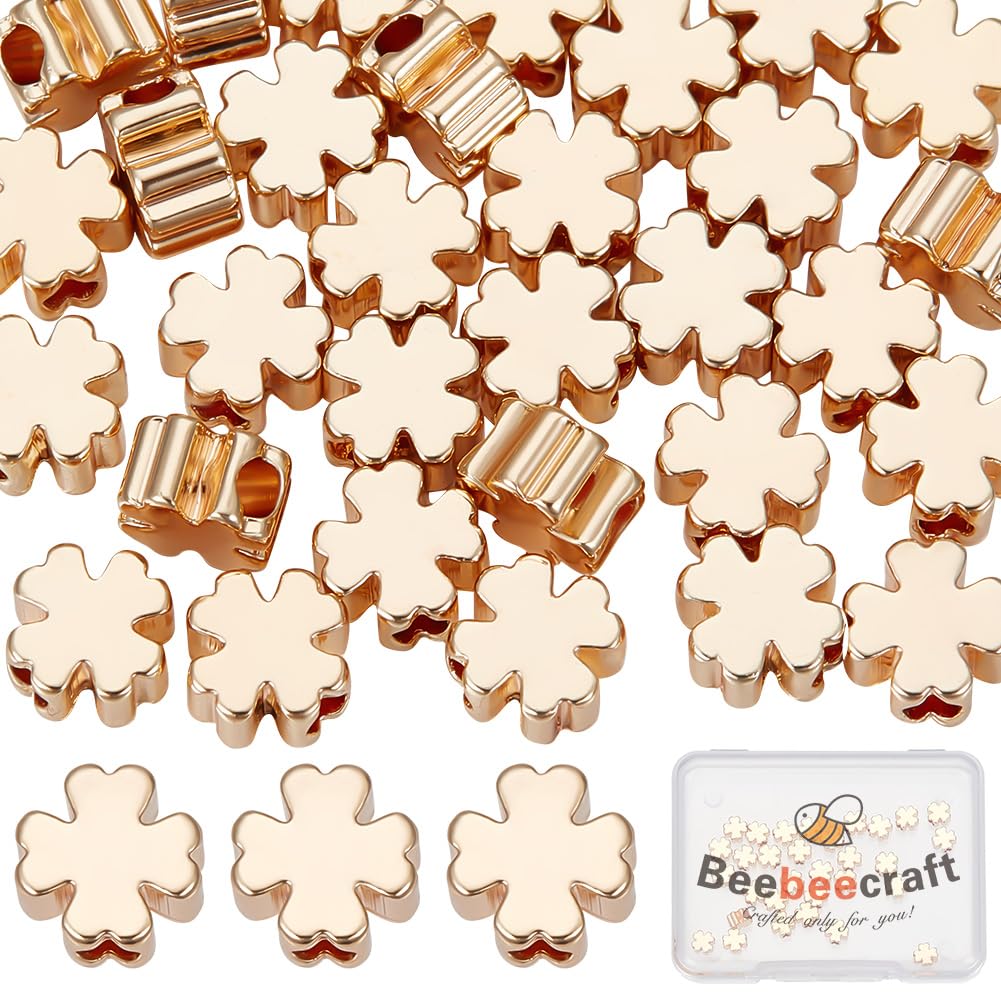 Beebeecraft 1 Box 50Pcs Four Leaf Clover Beads 18K Gold Plated Golden Lucky Leaf Clover Loose Spacer Beads for St. Parik's Day DIY Necklace Bracelet Jewellery Making Findings