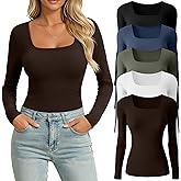 Huukeay 5 Pack Long Sleeve Shirts for Women Square Neck Tops Slim Multipack Casual Basic Tee Layer Undershirts