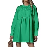 synound Lace Crochet Mini Babydoll Dress for Women Long Sleeve Ruffle Loose Crew Neck A-line Sheer Mesh Swing Flared Dresses