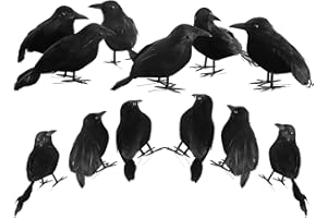 yumhum 12 Packs Real Feathered Halloween Black Crows, Handmade Realistic Crow with Real Feathers Raven Birds for Yard Tree Garden Patio Indoor Outdoor Halloween Decorations