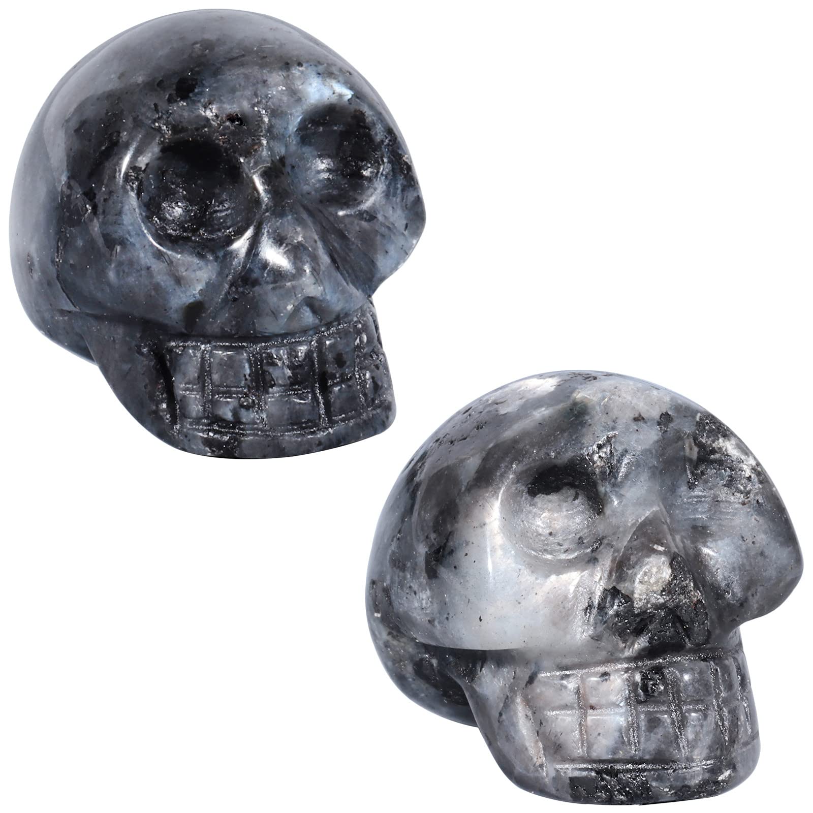 Nupuyai 2pcs Labradorite Mini Crystals Statue Carved Skull Set, Healing Stone Head Figurine Pocket Sculpture for Home Office Decor