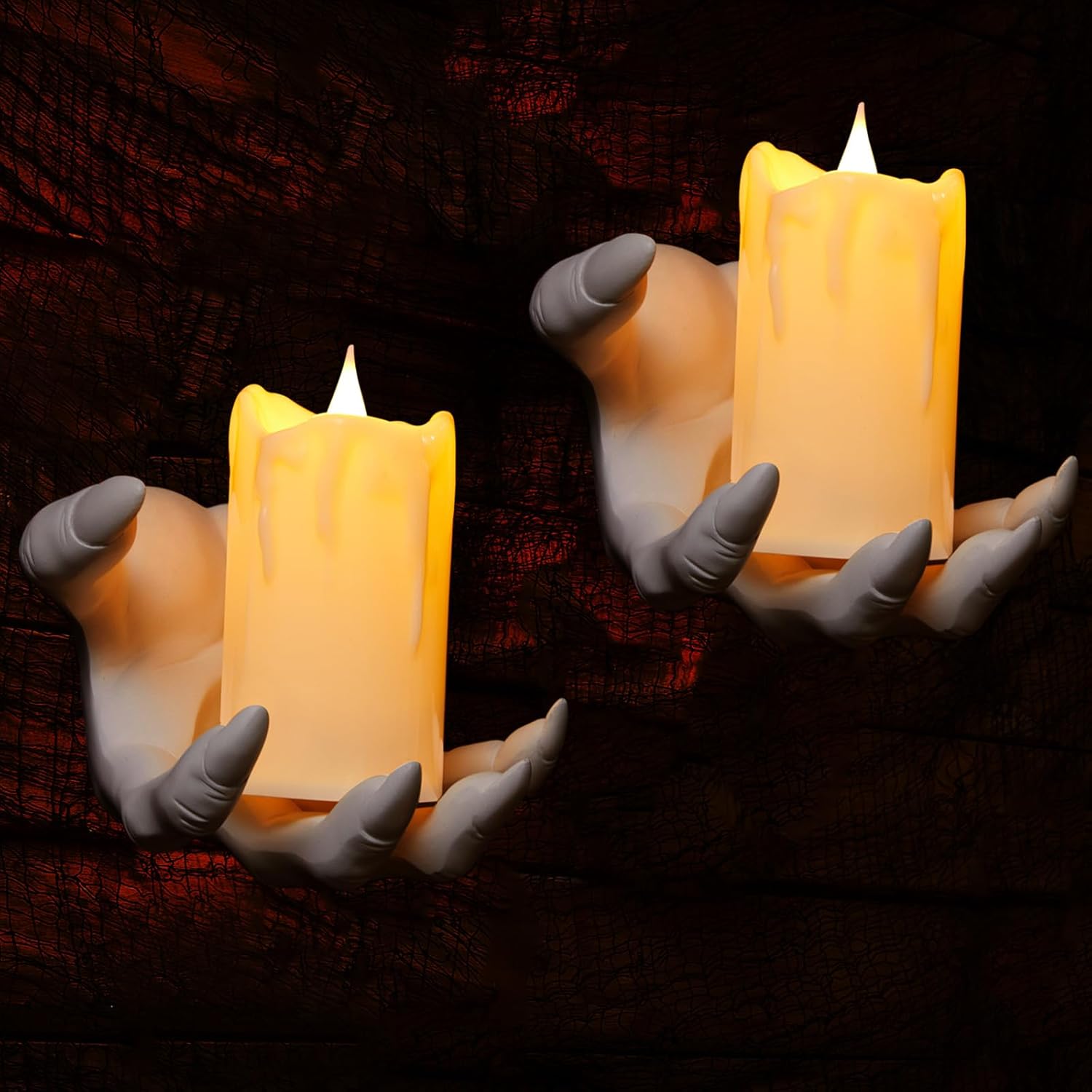 Ornaments - Hortsun Halloween Wall Sculpture with LED Flameless Candle Hand Wall Hook Gothic Wall Decor Wall Hangings Halloween Wall Art Spooky Wall Art Halloween Decor Spooky Home Decor (2 Set)