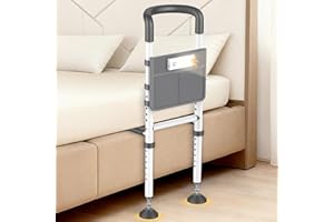 AGRISH Bed Rails Elderly Adults Safety, Bedside Assist Grab Bar Handrails for Seniors with Motion Sensor Light & Pouch, Adjustable Bed Cane Portable Handle Railing, Fit King Queen Full Twin Bed