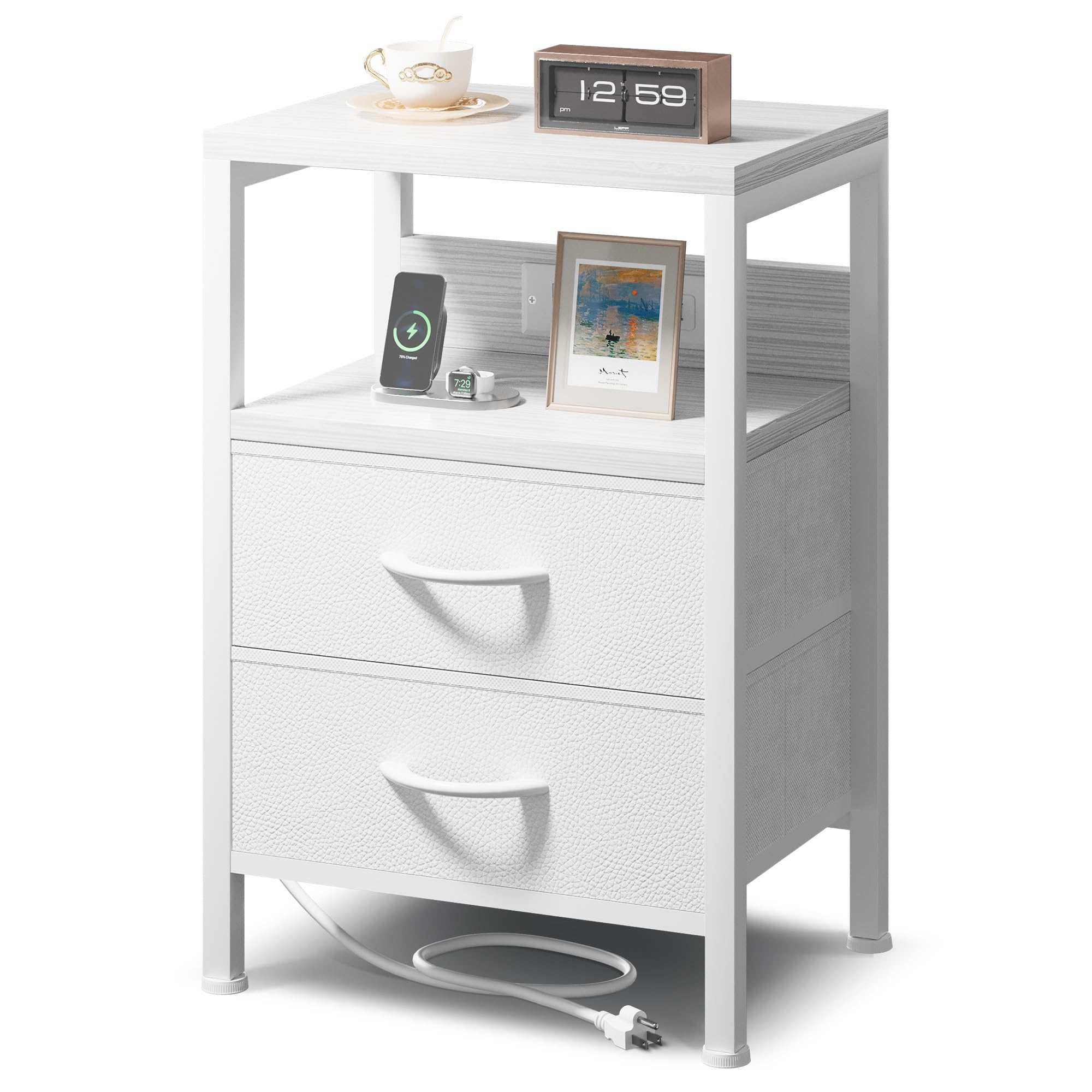 Photo 1 of NightStand Bedside Charging Table Bedroom - Night Stand with Charger Station, White Modern Bed Side End Table with Open Shelf & 2 Fabric Drawers, USB-C USB Ports & AC Outlets for Dorm, Living Room