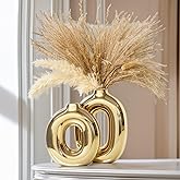 Gold Ceramic Vase Set Home Decor,Round Donut Vase for Pampas Grass for Shelf Decor Home,Nordic Modern Oval Vase for Bookshelf,FireplaceMantle,Centerpieces,Farmhouse,Rustic Décor