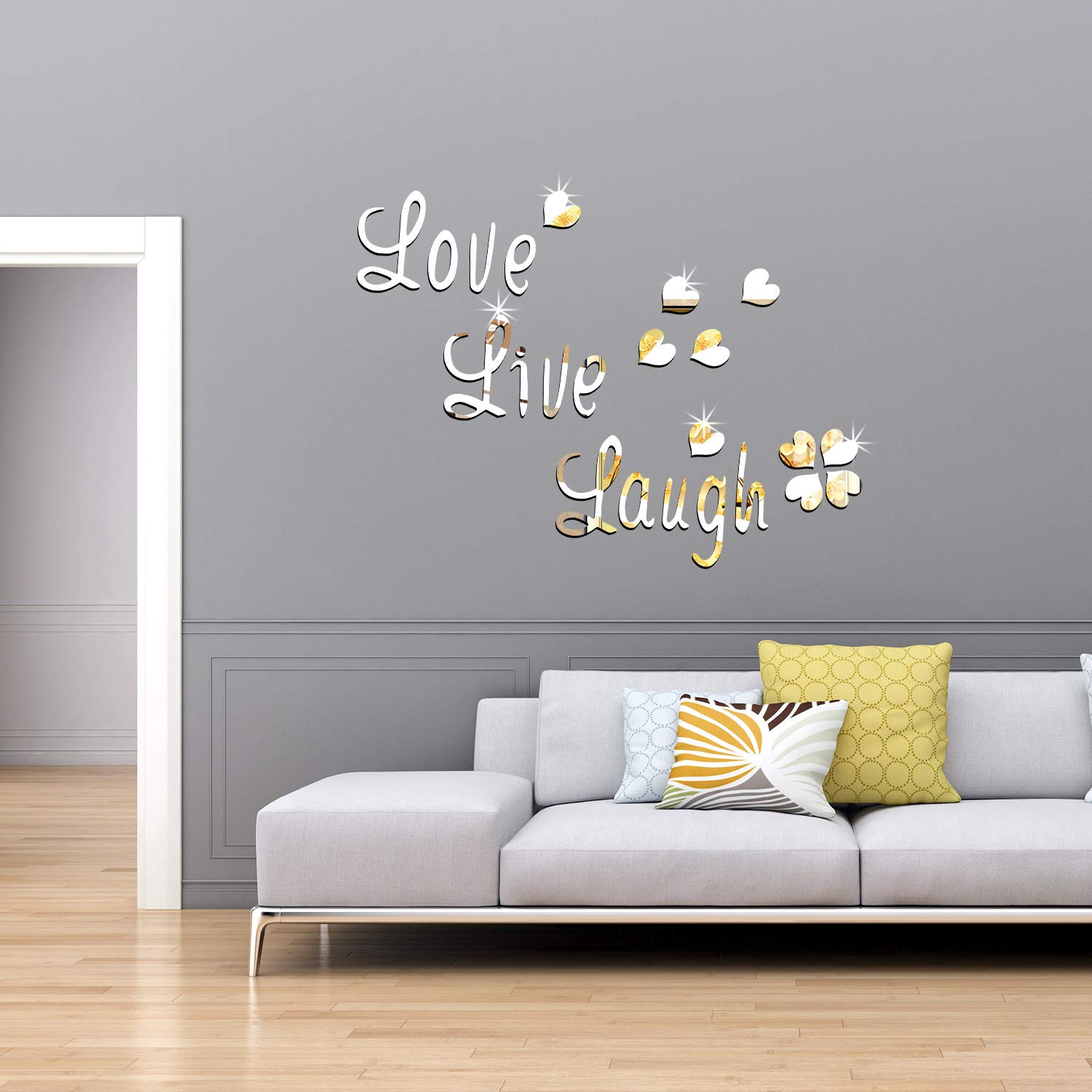 Photo 1 of 24 Pcs 3D Acrylic Mirror Wall Decor Stickers, Heart Letters Wall Decals, DIY Removable Self Adhesive Love Stickers, Silver Room Decor Beautiful Art Letter Decals for Home Bedroom Living Room Bathroom