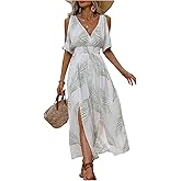 Verdusa Women's Summer Vacation Beach Dress Hawaiian Maxi Dresses Tropical Cold Shoulder Sundress