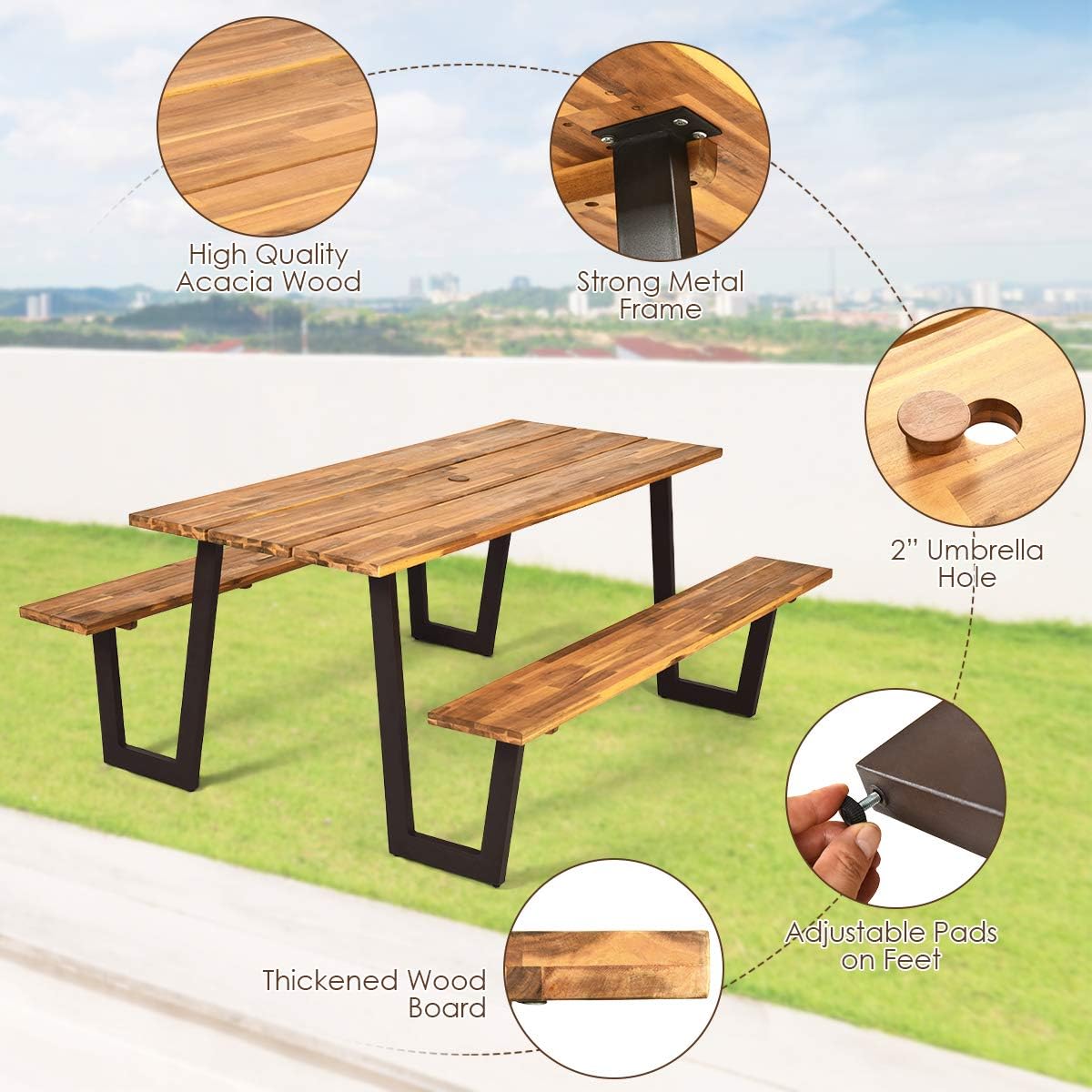 Giantex Picnic Table Bench Set with Umbrella Hole, Outdoor Dining Table Set, 70” Acacia Wood Picnic Beer Table with Metal Frame (Natural & Black): Kitchen & Dining