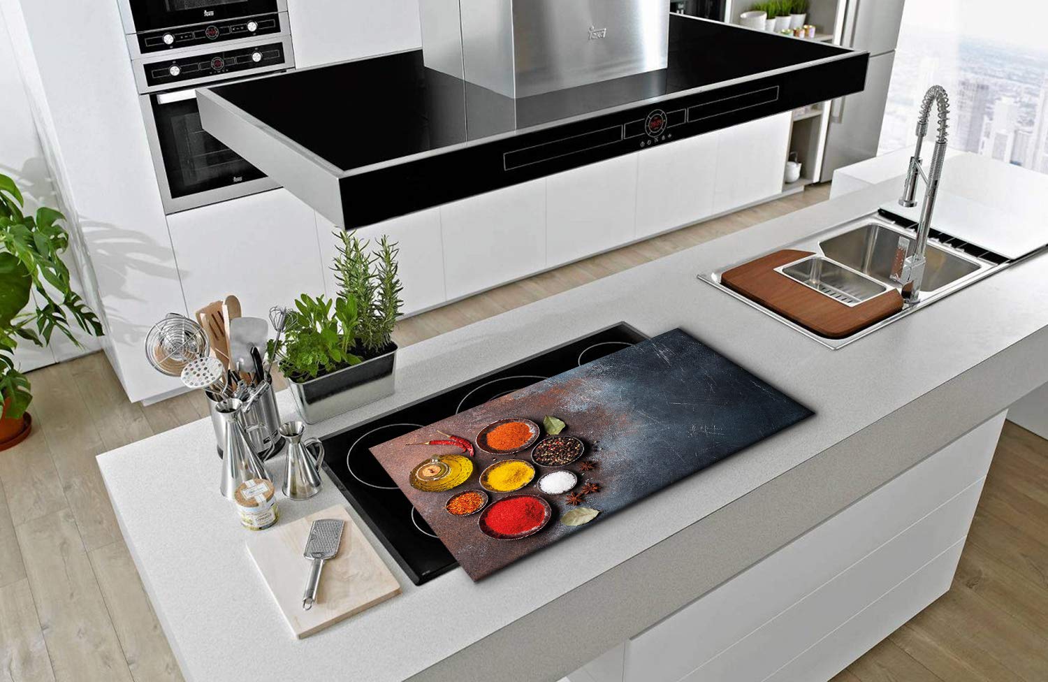 Salvapiano In Vetroceramica 90x52 Cm: Tagliere, Copertura E Porta Caldo. Protezione Multifunzione Per Piani Induzione, Non Per Gas