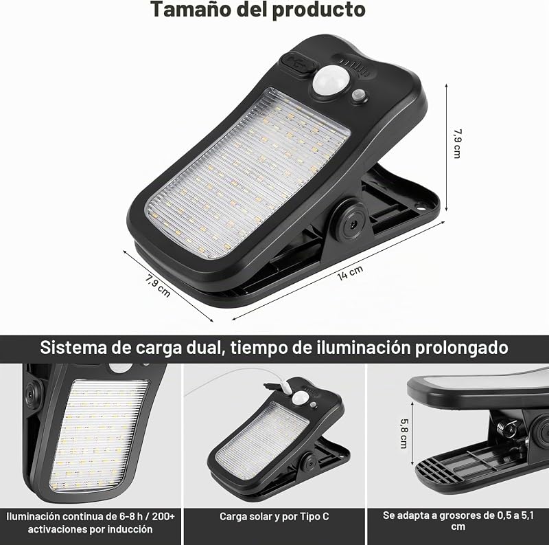 Luz Solar Exterior con Pinza - Lámparas Solares con Sensor de Movimiento 800LM Foco Solar 3 Modos & 3 Colores Luces Solares con USB y Control Remoto Impermeable para Valla Jardines (4 Piezas) — foto 7 de 8