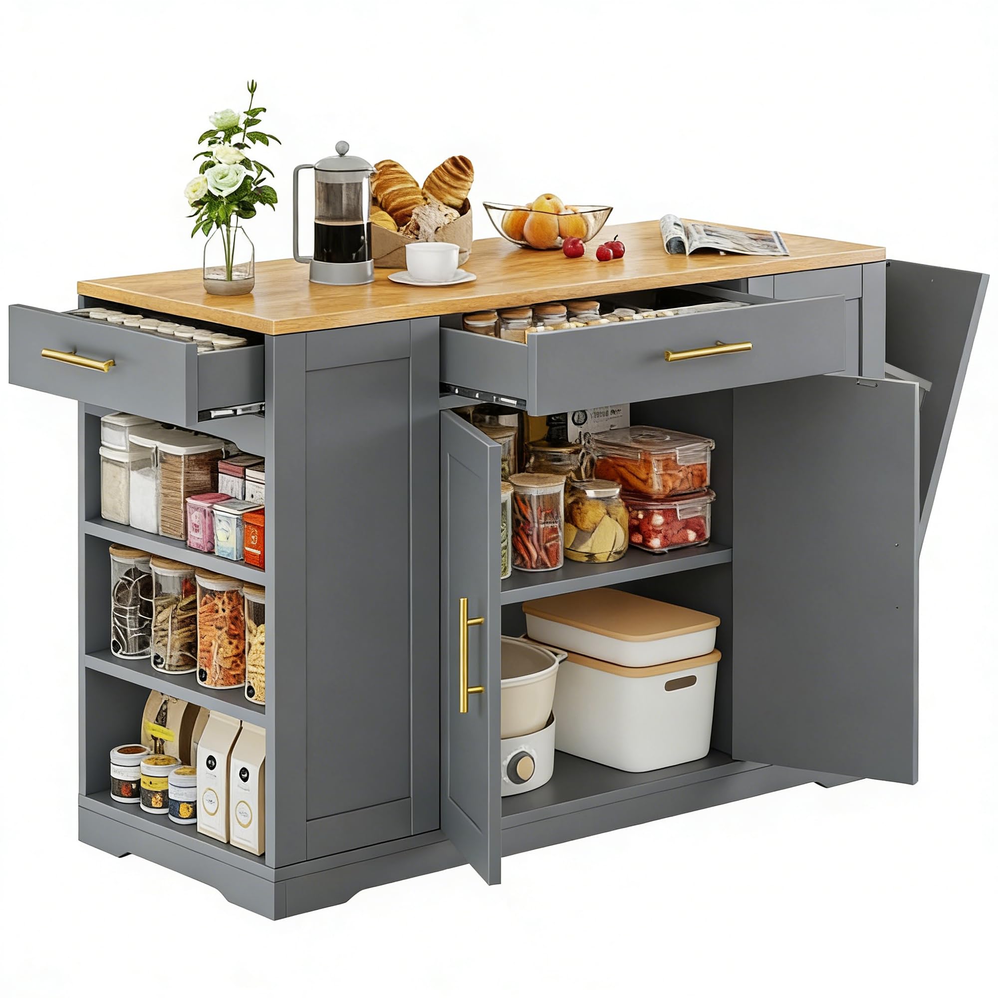 Photo 1 of DWVO Large Kitchen Island with Trash Can Cabinet, 53 Inch Kitchen Island on Wheels, Rolling Island with Tilt-Out Garbage Storage Fits 13 Gallon Bin, Spice Rack and Drawer, for Dining Room, Gray