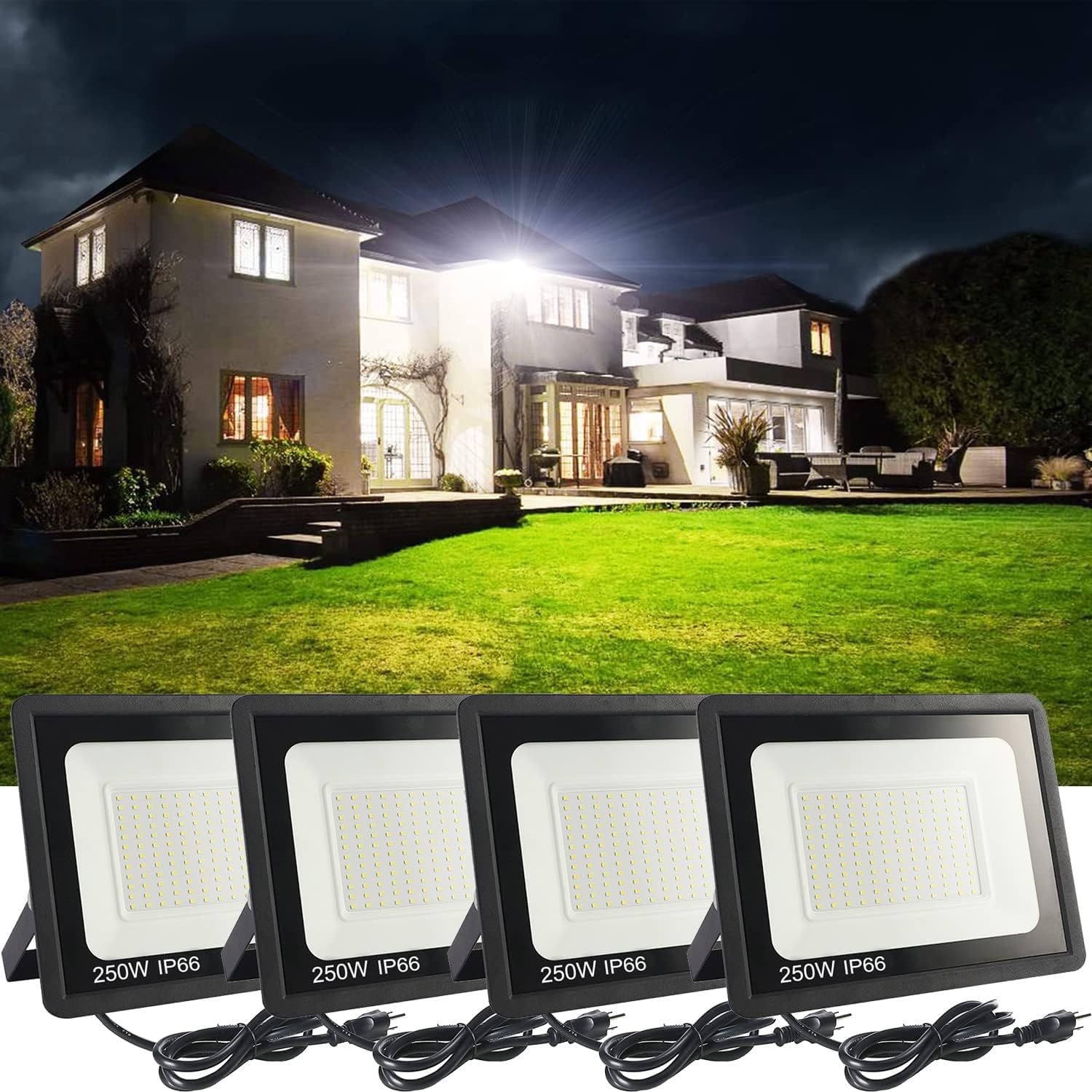 Photo 1 of MUCLUD 4Pack LED Flood Light Outdoor,250W LED Work Light 25500lmwith 6FT US Plug,IP66 Waterproof Exterior Security Lights,6000K Daylight White Outside Floodlights Slim Design for Playground Yard