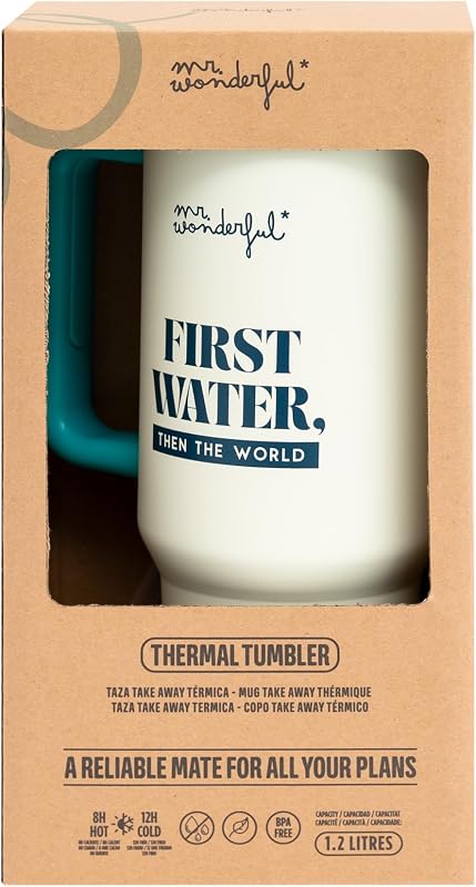 - Copo térmico térmico para retirar 1,2 litros - Primeiro água, depois o mundo - Copo de aço inoxidável de parede dupla - Mantém o calor e o frio - 1,2 litros