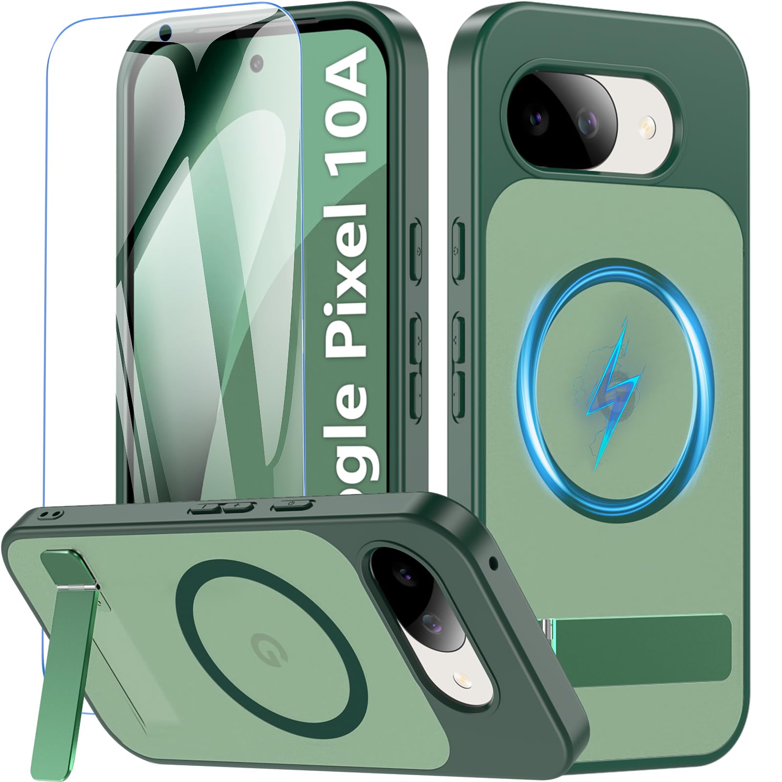 for Google Pixel 10A Case with Stand&Screen Protector,Strong Magnetic Pixel 10A Case[Adjustable 3 Kickstand Ways] 15FT Military Protection for Google Pixel 10 A Phone Case Shockproof Slim Cover,Green