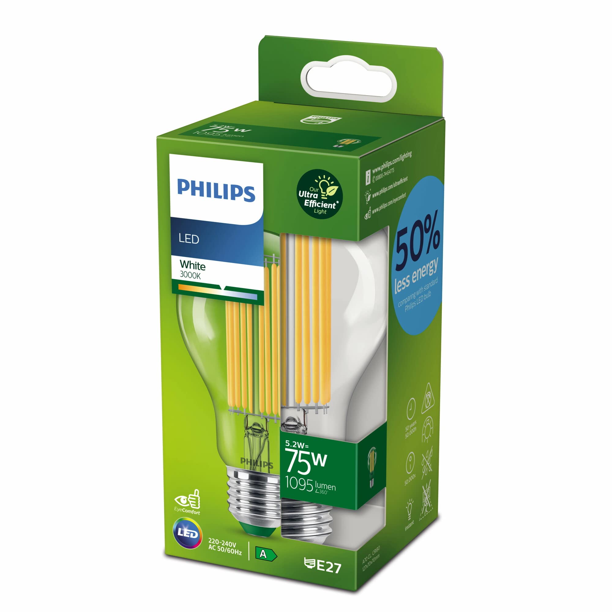 Philips LED Ultra Efficient Light Bulb A Label Energy Rating [White 3000K - E27 Edison Screw] 75W, A70 Clear. for Indoor Home Lighting.