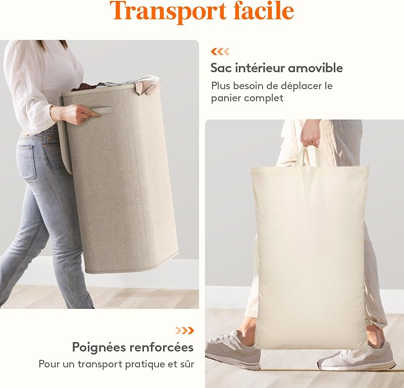 Panier Linge Sale, Bac Linge avec Couvercle, Corbeille Linge avec Plastique Poignées et Sac Linge, Laundry Basket pour Buanderie, Chambre, Salle de Bain, 105 L, Beige