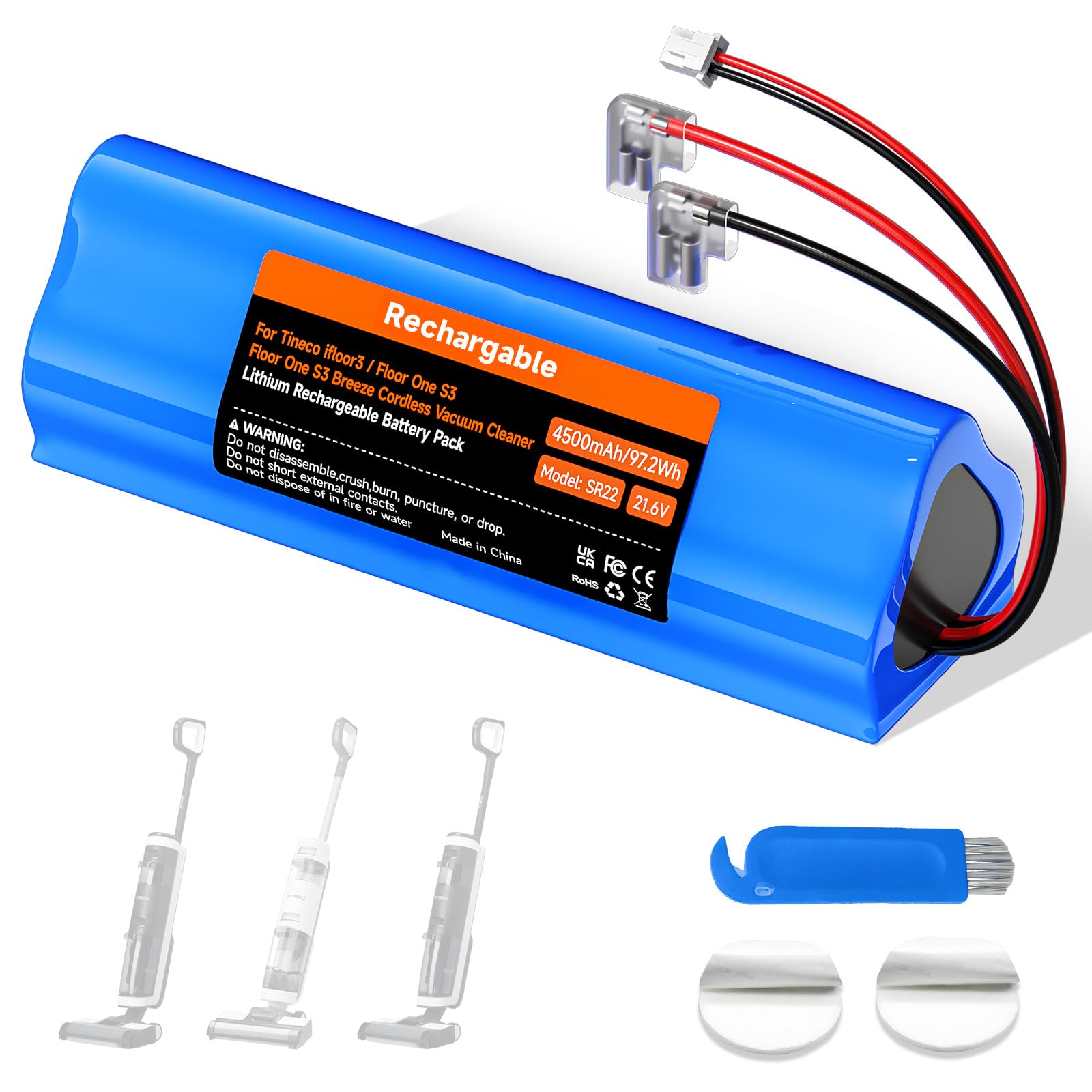4500mAh/21,6V Nass-Trockensauger Akku für Tineco Floor ONE S3, Floor ONE S3 Breeze Cordless Wet Dry Vacuum Cleaner Batterie Lange laufzeit (1 Akku + 1 Pinsel + 3M-Klebeband)