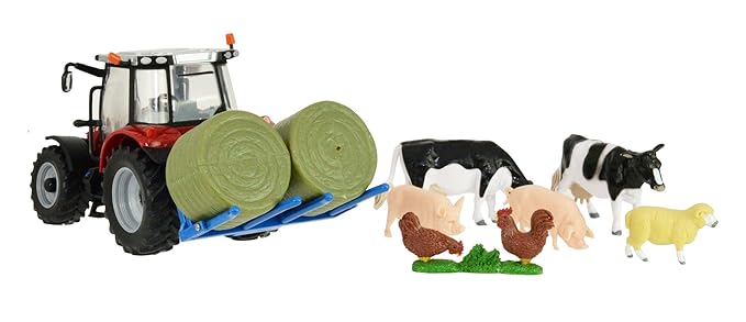 TOMY Britains Massey Ferguson Traktor Spielset – Spielzeug Traktor mit Anhänger und Tieren im Modell 1:32 - perfekt zum Spiel