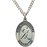 St. Christopher Pewter Boys or Mens Hockey Sports Medal with 24" Chain.